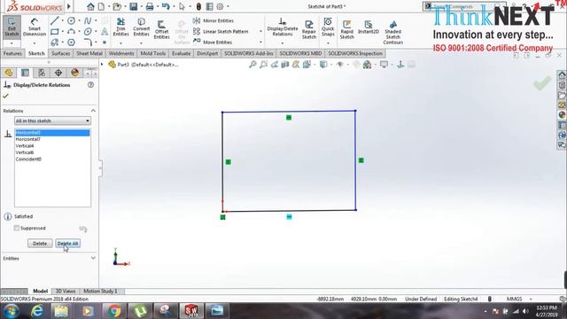 How to use display delete relation sketch tools in Solidworks | ThinkNEXT Technologies смотреть онлайн