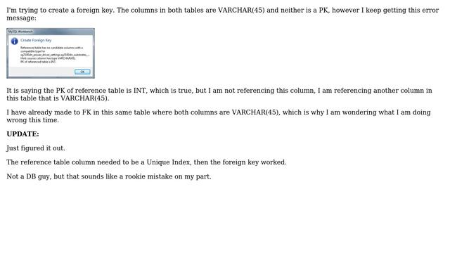 Databases: Cannot create foreign key on 2 VARCHAR(45) columns in MySQL Workbench 6.1 смотреть онлайн