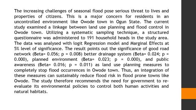 Predictors of Seasonal Flood Control in Owode Yewa, Ogun State, Nigeria AREES 2020 71 1 8 смотреть онлайн