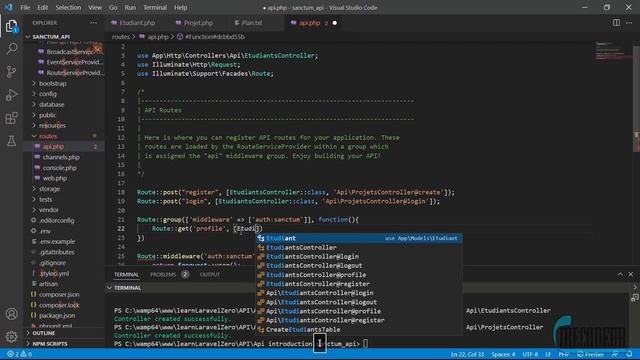 Laravel Api Section 2 Sanctum P6 définir les routes de notre api смотреть онлайн