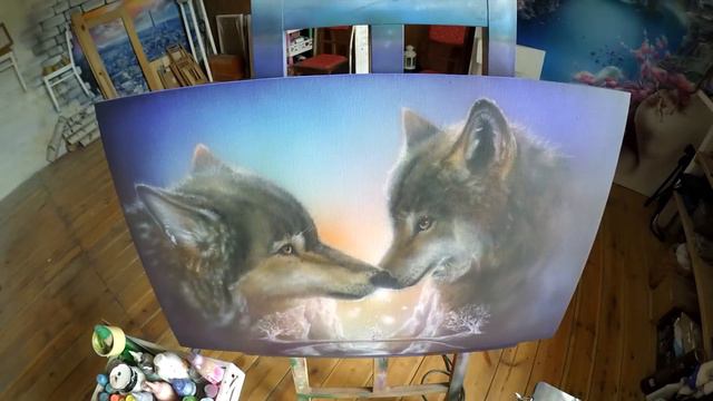 Аэрография на холсте Волки смотреть онлайн