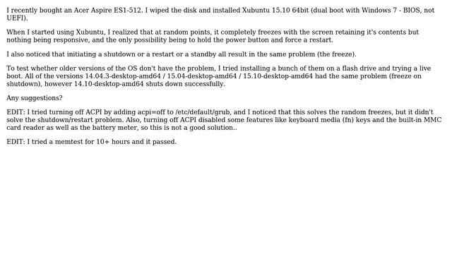 Ubuntu: Freeze on shutdown/restart and randomly - Xubuntu 15.10 - Acer Aspire ES1-512 смотреть онлайн