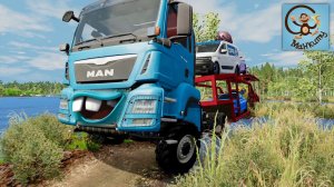 Red car transporter and blue truck. Cartoon about Cars.