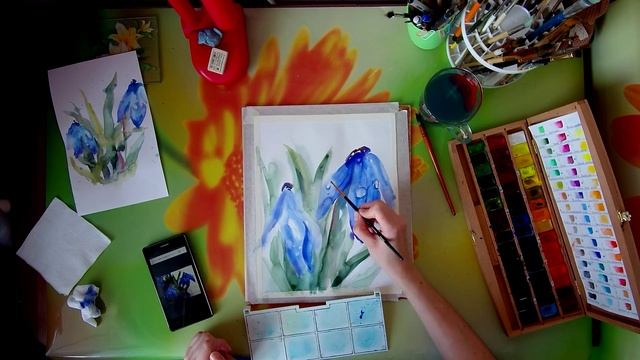 Картина акварелью. Пролески, роса. Speed painting. смотреть онлайн