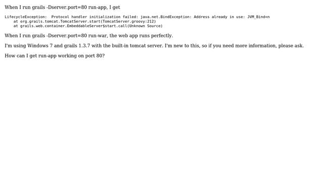 Groovy-grails: grails run-war works, but grails run-app throws BindException: Address already in... смотреть онлайн