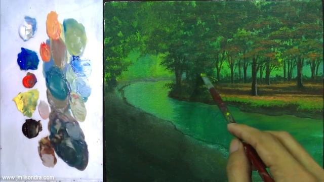 Acrylic Landscape Painting Tutorial on How to Paint Autumn Red Trees Beside the River by JM Lisondr смотреть онлайн
