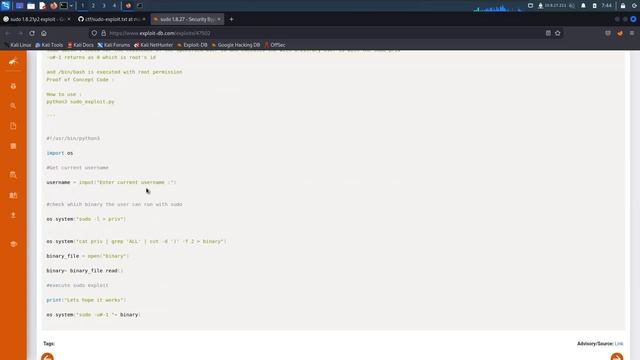 Privilege Escalation through SUDO 1.8.21p2 exploit manually | CVE-2019-14287 смотреть онлайн