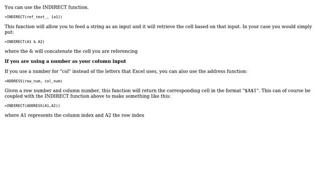 Select in Excel a cell for which the row index is in A1 and the column index is in A2 смотреть онлайн