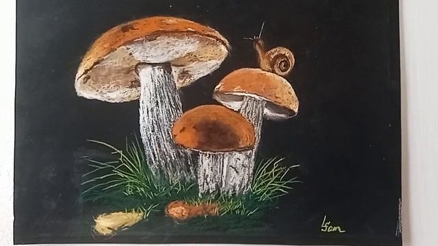 Family of mushrooms with snail|Картина пастелью - Семейство белых грибов смотреть онлайн