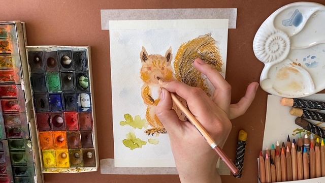 Белочка с букетом подснежников. Масляная пастель и акварель. Весенний рисунок смотреть онлайн