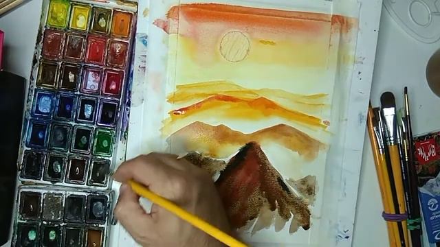 Оранжевые горы и туман. Акварель смотреть онлайн
