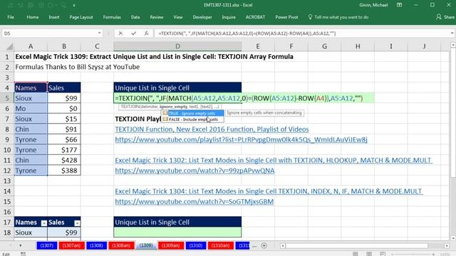 Excel Magic Trick 1309: Extract Unique List And List In Single Cell: TEXTJOIN Array Formula