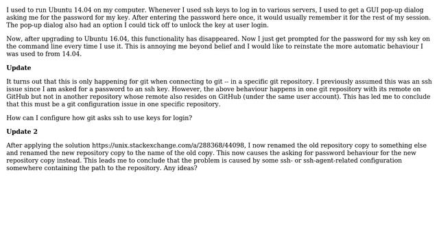 Unix & Linux: ssh/git does not use GUI to ask for password after upgrade to to Ubuntu 16.04 смотреть онлайн