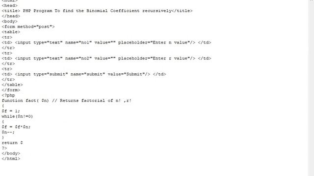 PHP Program To find the Binomial Coefficient recursively смотреть онлайн