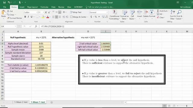 Hypothesis Testing With Excel - Sigma Unknown