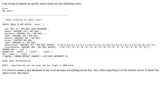 Databases: Error while importing sql - Specified key was too long; max key length is 1000 bytes смотреть онлайн
