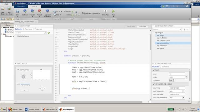 How to plot in UIAxes and demo of slider, knob and Gauge in App Designer in MATLAB. смотреть онлайн