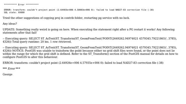 PostGIS 2.0 and Postgres 9.1: ST_Transform =＞ failed to load NAD27-83 correction file (Windowsx 64) смотреть онлайн