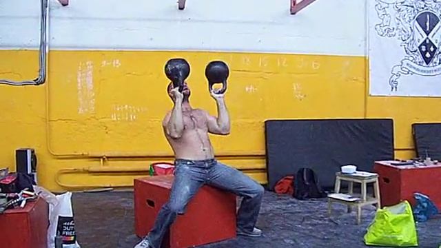 Two 32 Kg (70 Lbs) Kettlebells Bottom-up Seated Press