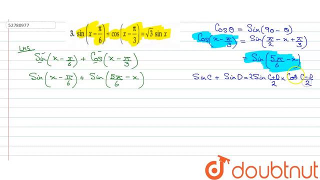 `" sin " (x-(pi)/(6)) + " cos " (x-(pi)/(3)) =sqrt(3) " sin " x` смотреть онлайн