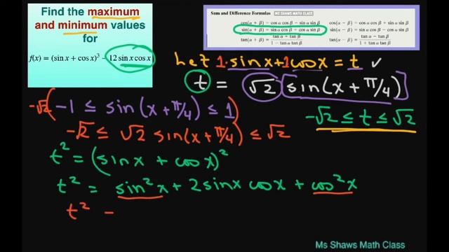 Find minimum and maximum values for f(x) = (sin x + cos x)^3 -12 sin x cos x смотреть онлайн