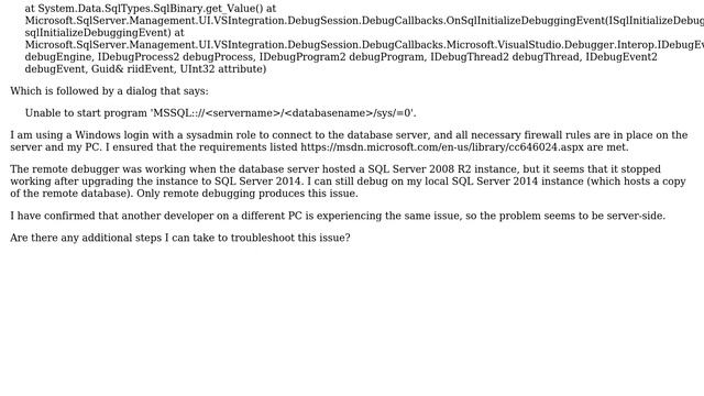 SQL Server: Failed to start debugger - Data is Null смотреть онлайн