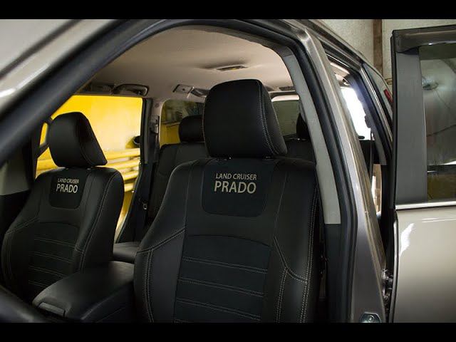 Чехлы из экокожи на Toyota Prado 150 с логотипом и вставками из алькантары смотреть онлайн