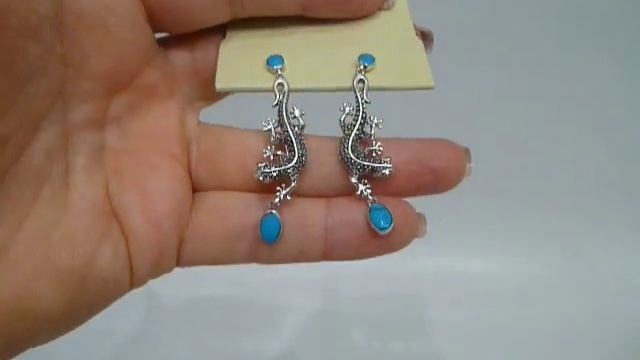 Серьги с натуральной аризонской бирюзой и марказитами Ящерицы Серебро 925
