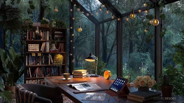 Glasshouse Study Room with Forest view and Large Windows - Rain Sounds for Focus and Relaxation смотреть онлайн