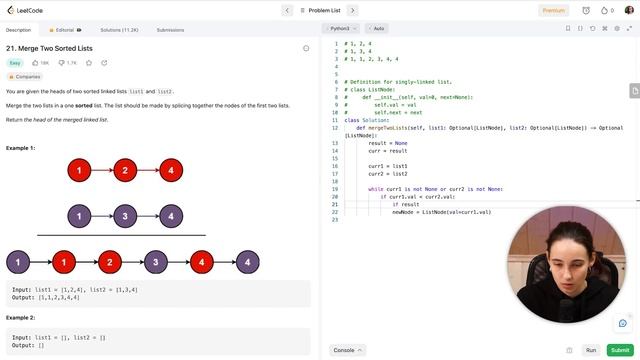 Как объединить два отсортированных списка на Python: задача LeetCode. смотреть онлайн