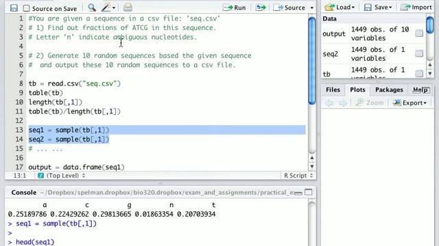 nucleotide content and random sequence, using table(), sample(), for loop, write.csv() смотреть онлайн