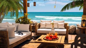 🌴Outdoor Seaside Cafe Ambience & Bossa Nova Music, Ocean Wave Sounds, Outdoor Coffee Shop Sounds