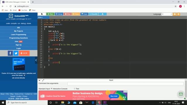 Printing the biggest of three | Online GDB Compiler смотреть онлайн