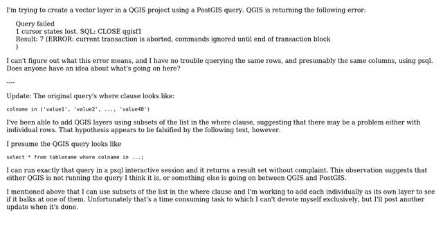 GIS: Why does my PostGIS query fail with "current transaction is aborted"? смотреть онлайн