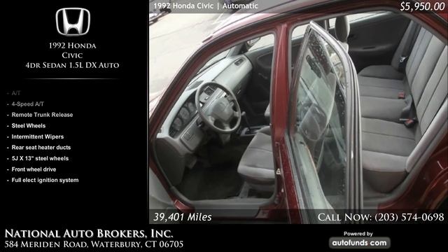 1992 Honda Civic 4dr Sedan 1.5L DX Auto | National Auto Brokers, Inc., Waterbury, CT - SOLD