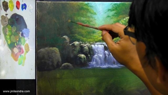 Acrylic Landscape Painting TUTORIAL / Waterfalls And Rushing River In The Forest / JMLisondra