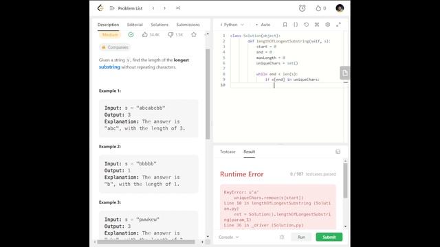 LeetCode Longest Substring Without Repeating Characters Solution - Python #3 смотреть онлайн