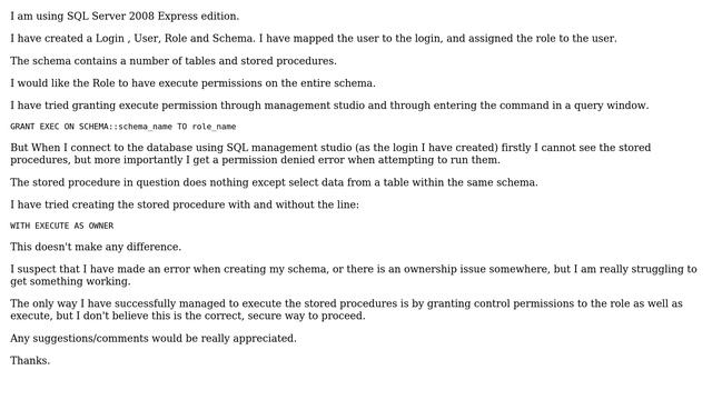 How do I grant a database role execute permissions on a schema? What am I doing wrong? смотреть онлайн