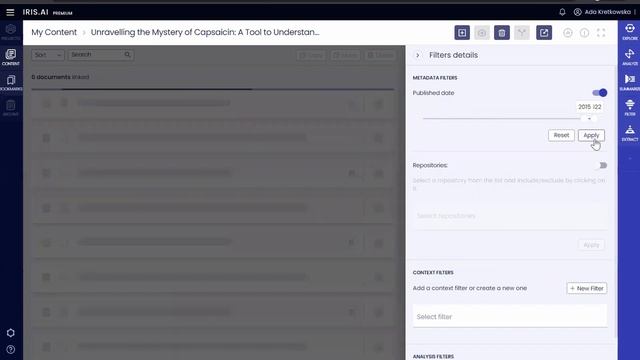 How to filter a dataset? Metadata Filters | Iris.ai Researcher Workspace смотреть онлайн