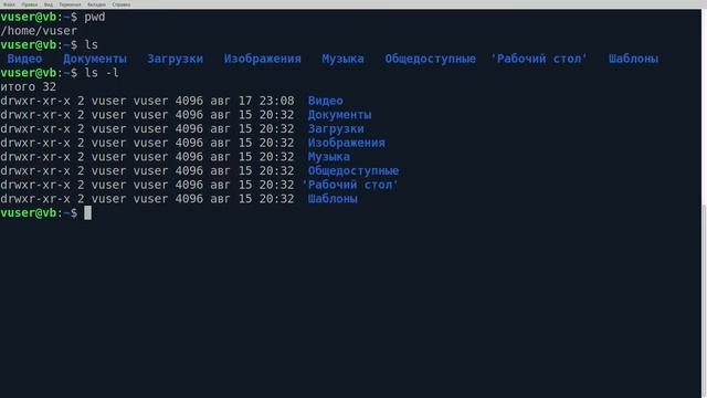 Содержимое каталога команда LS, Linux terminal смотреть онлайн