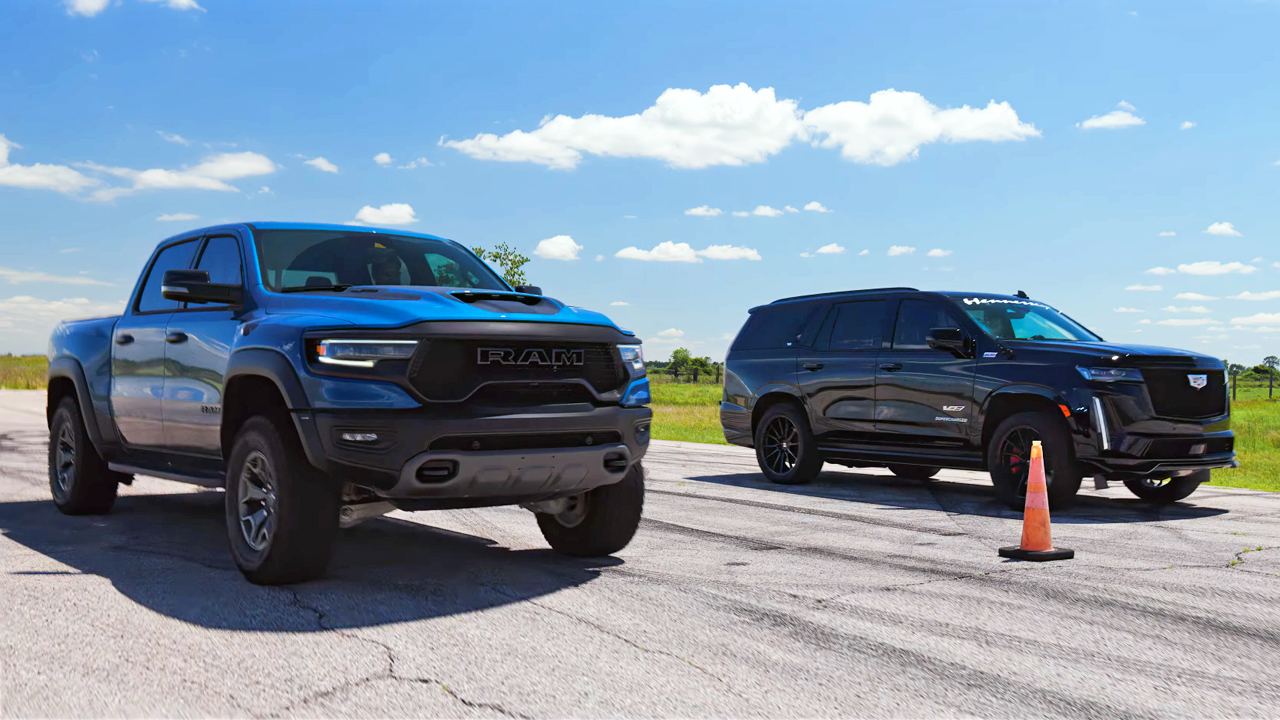 Заезд Hennessey Cadillac Escalade-V H850 против Ram 1500 TRX. Кто быстрее? смотреть онлайн
