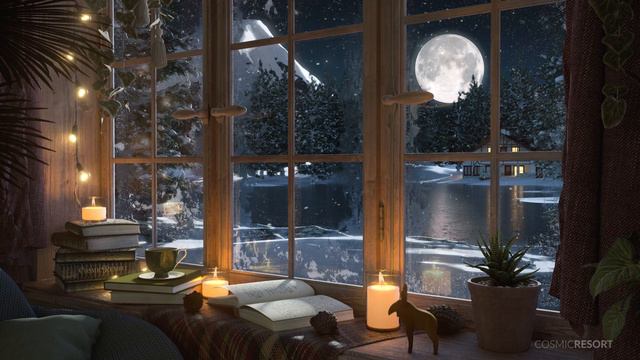 Snowy Mountain Lake House with Full Moon View Relaxing Snow and Wind Sounds смотреть онлайн