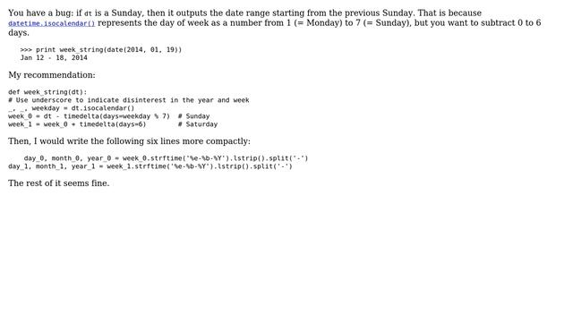 Code Review: Printing a week range string in Python (3 Solutions!!) смотреть онлайн