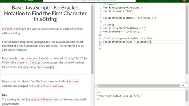 Basic JavaScript Use Bracket Notation to Find the First Character in a String free code camp Dani смотреть онлайн