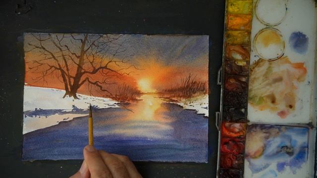 Watercolor painting tutorial - Snowy Scene смотреть онлайн