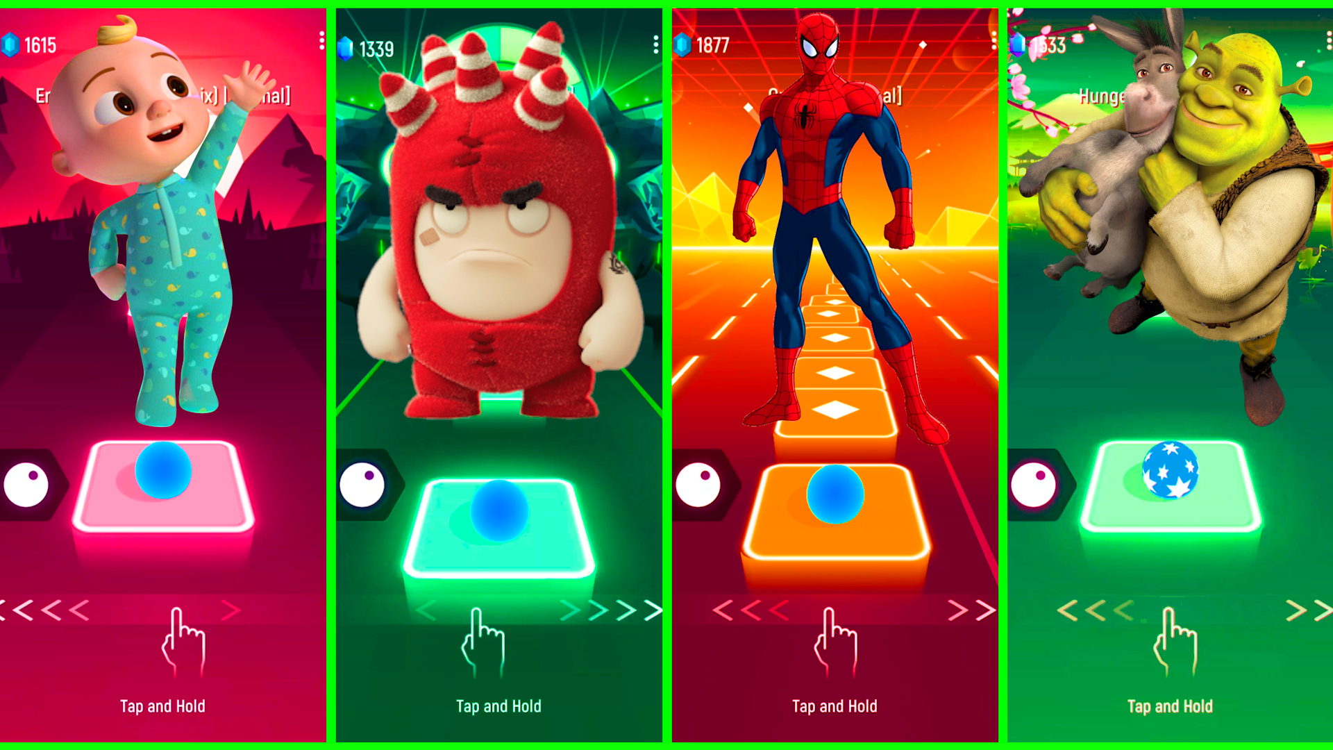 Cocomelon VS Oddbods Fuse VS Spider-Man VS Shrek Coffin Dance EDM Rush Tiles Hop