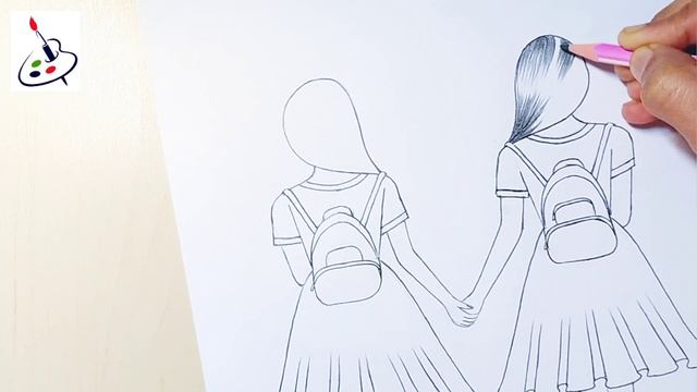 Easy Best Friends Drawing ||How to draw two girls with school bag, Easy Drawing ideas for Beginners смотреть онлайн
