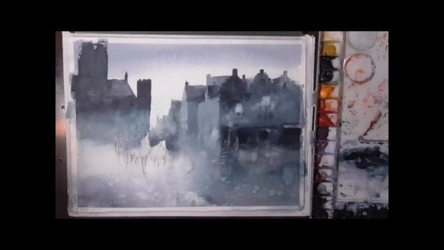 A Rainy Cityscape Watercolor Painting