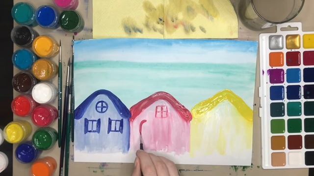 Летний пейзаж. Как нарисовать объёмный пейзаж. Гуашь. Смешивание красок на листе бумаги.