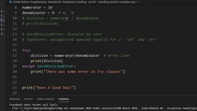 CS384 Python Programming Module 06 Exceptions Handling Lec 03 Handling Specific Exceptions смотреть онлайн